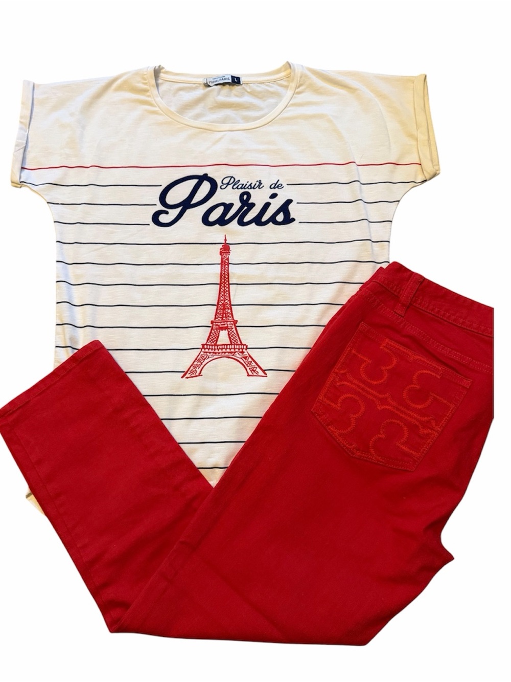 EUC Tory Burch Red Cropped women's jeans size 28 matching stripe Paris top Large
